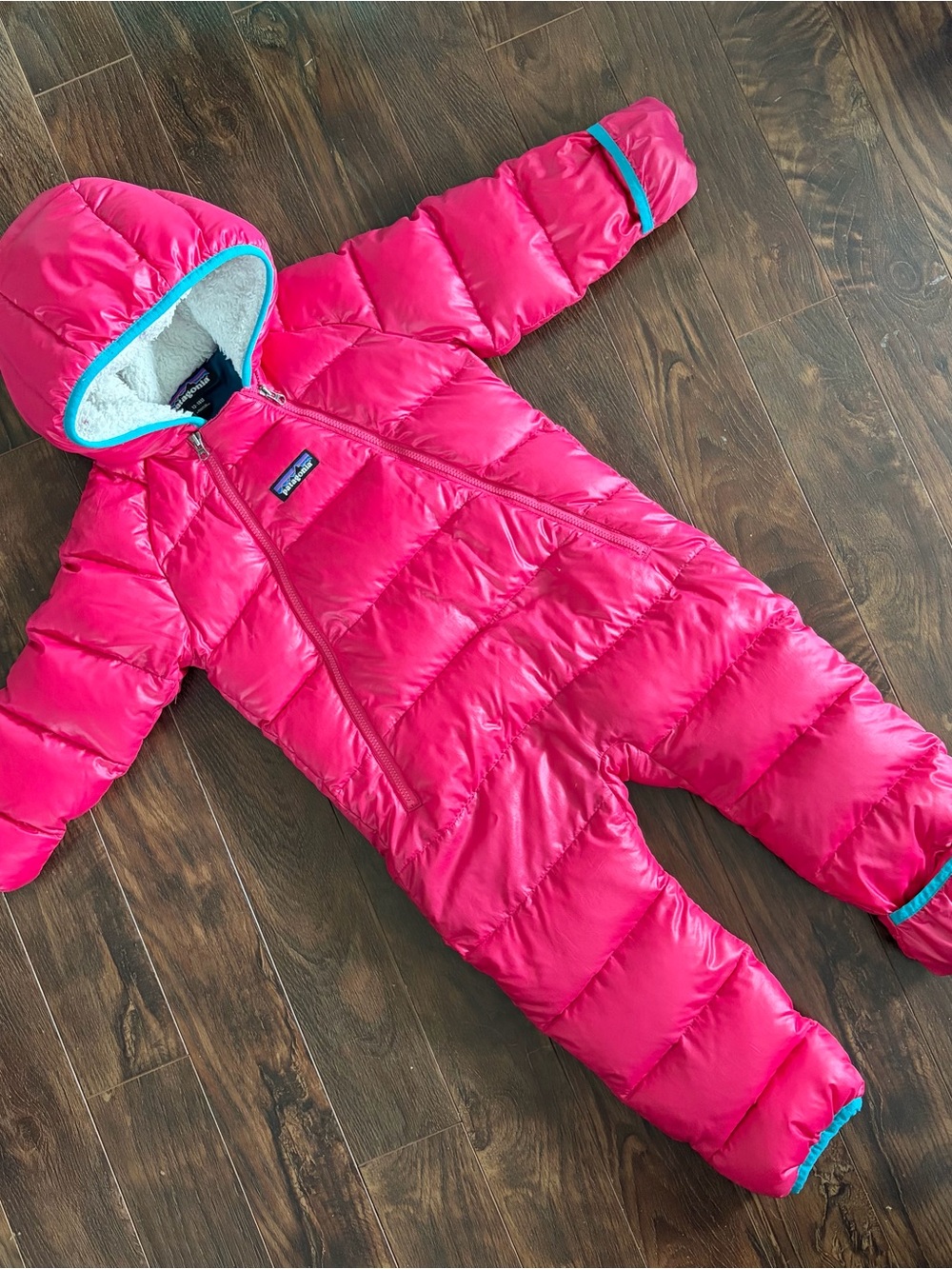 Patagonia Infant Hi-Loft Bunting Suit Pink with Teal Trim